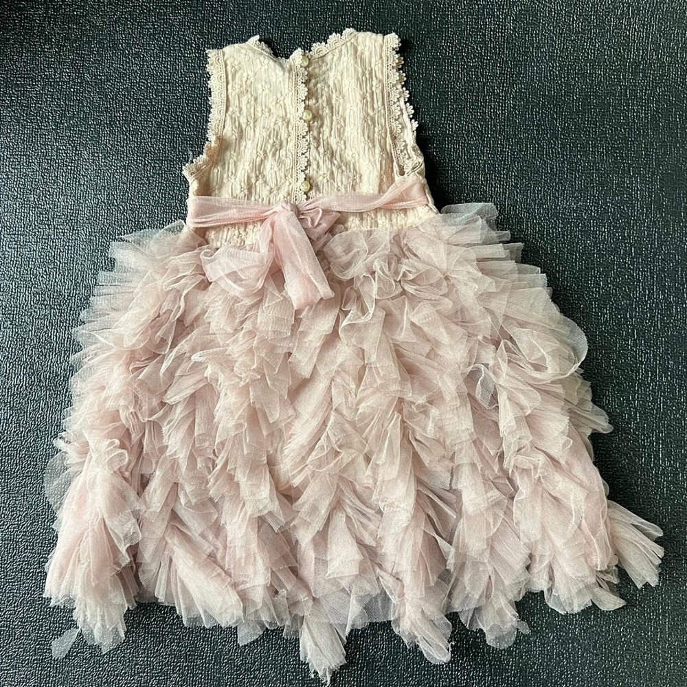 AiniBabe Girls Dusty Rose Tulle Ruffle Tutu Dress Floral Lace Pearl Button 110 - Picture 3 of 9
